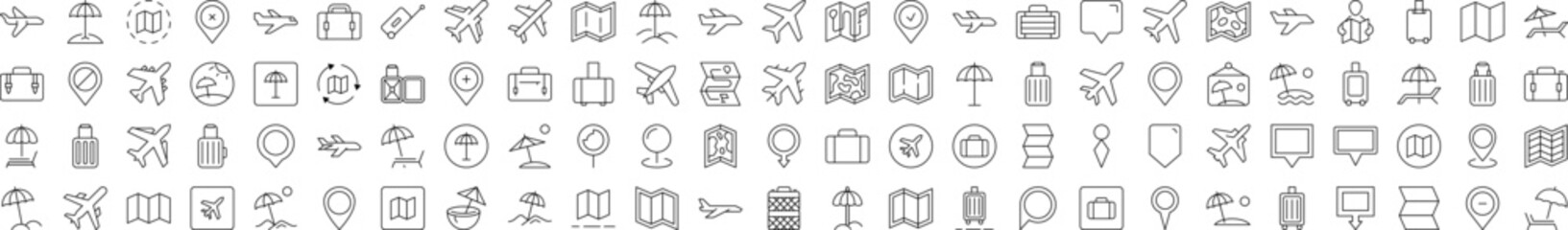 Minimalistic Linear Illustrations of Vacation. Contains Icons of Plane, Map, Location, Beach Umbrella that Can Be Used for Design of Cards, Posts, Apps, Web Sites