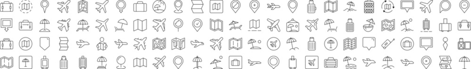 Vacation Icon Set. Contains Icons of Plane, Map, Location, Beach Umbrella that Can Be Used for Design of Cards, Posts, Apps, Web Sites