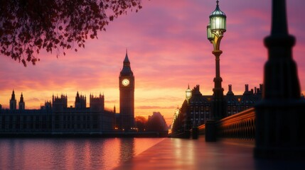 Stunning sunset over the iconic big ben and houses of parliament in london