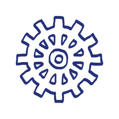 Gear sketch. Hand drawn vector illustration. Blue pen or marker drawing. Primitive kids picture