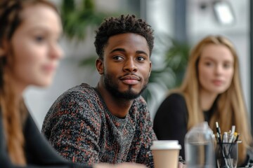 Fototapeta premium Mixed race people meeting in office, Generative AI