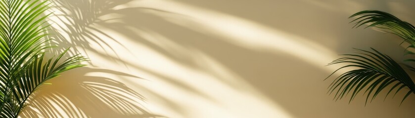 ** Sunlit Tropical Palm Leaves Casting Shadows on a Minimalist Beige Wall Background for Natural Interior Design Concepts..**