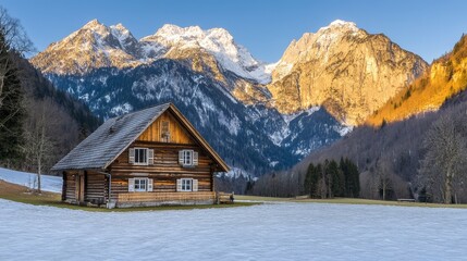  A cabin in a snowy field with mountain range as backdrop