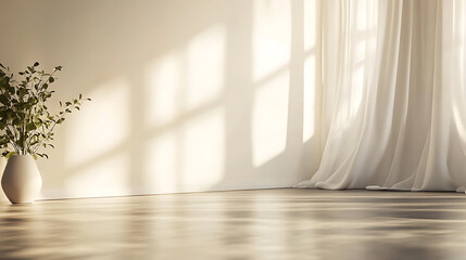 Sunlight streams through a sheer curtain, casting soft shadows on the wall.  The minimalist decor with a single plant in a white vase creates a serene and inviting atmosphere.