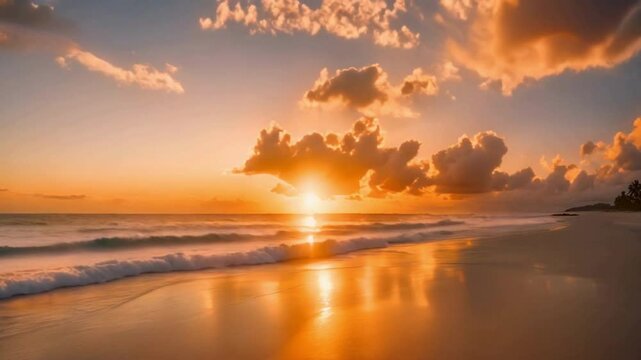 A focused depiction of the beach's fine sand. The broad beach landscape is visually striking. It conjures images of a tropical seascape at the horizon. The sunset casts a peaceful orange and golden gl