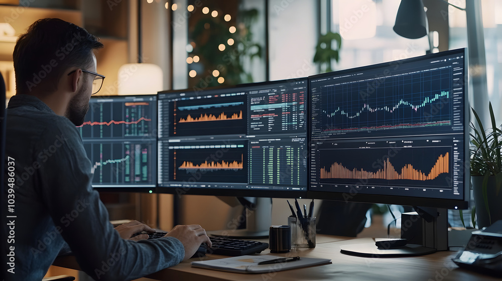 Poster a person analyzes data on multiple monitors in a modern office setting, with charts and graphs displ