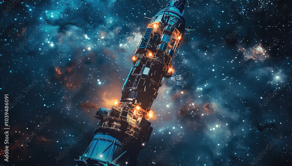 Poster a space beacon in the middle of deep space with a background of stars and galaxies.