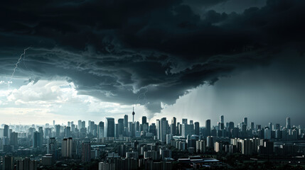 Fototapeta premium severe thunderstorm is approaching coastal city, with dark clouds and lightning illuminating skyline. atmosphere is tense and dramatic as nature unleashes its power