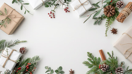 top view of vintage gift box with pine leaf and pine cone decorated on white floor background for celebration on merry christmas and new year festival holiday. flat lay