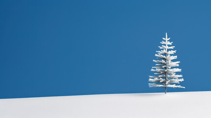 single snow covered pine tree stands tall against clear blue sky, creating serene winter landscape. contrast of white snow and blue sky evokes sense of tranquility and beauty
