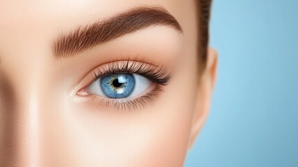 Obraz premium blue eyeshadow accentuating bright blue eyes, framed by long lashes against a blue background