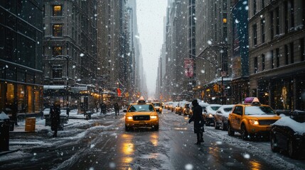 Bustling city street with heavy snowfall, winter wonderland. Snow covered roads, traffic jam. Pedestrians walk snowdrifts. Flakes swirl through air, cozy atmosphere. Charm of urban life. Snow storm.