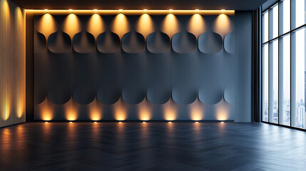 A modern, minimalist room with a dark gray wall featuring a unique pattern of 3D rounded shapes. The room is lit by warm, yellow spotlights, creating a cozy and inviting atmosphere.