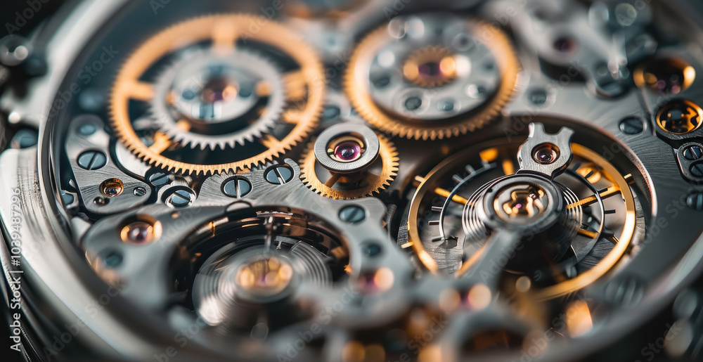 Aufkleber a close-up of a dismantled mechanical watch, with intricate gears and springs spread out on a dark b