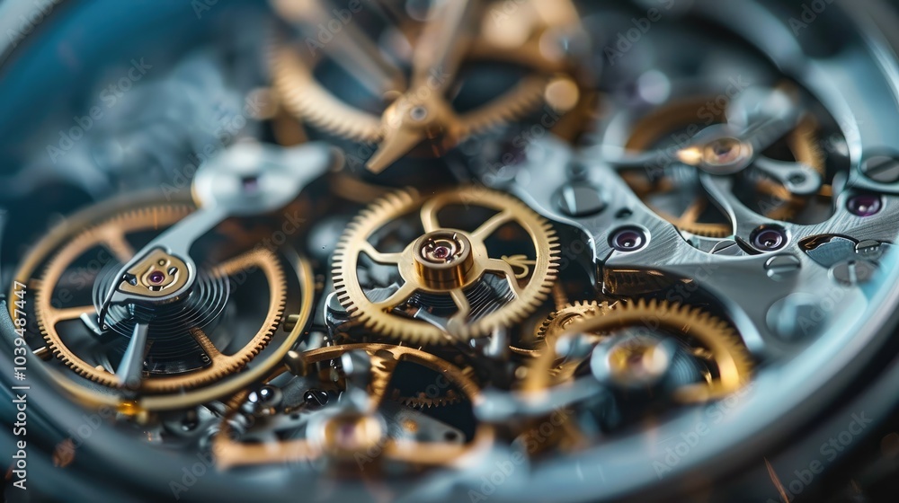 Poster A close-up of a dismantled mechanical watch, with intricate gears and springs spread out on a dark background, symbolizing the process of teardown and analysis.