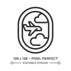 Aircraft porthole linear icon. Plane in clouds outside window. In-flight experience and scenic view during travel. Thin line illustration. Contour symbol. Vector outline drawing. Editable stroke