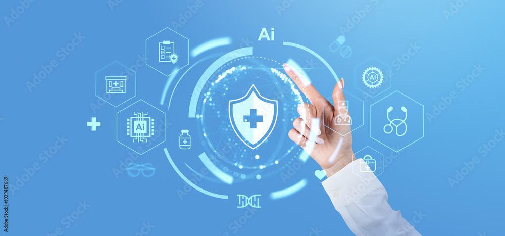 Poster healthcare technology interface with ai and robotics concepts.