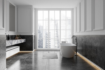 Modern bathroom with urban city view and freestanding tub. 3D Rendering