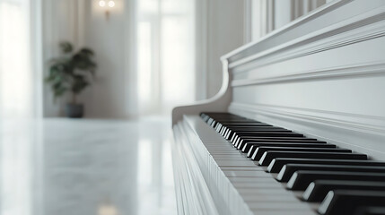 A white grand piano sits in a bright, minimalist room, the keys gleaming invitingly.  The sunlight streaming through the windows adds to the sense of calm and tranquility.