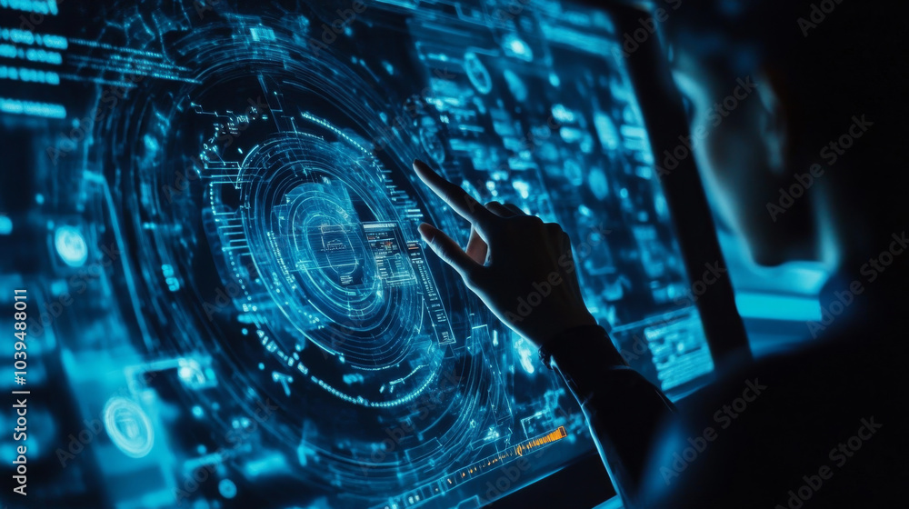 Poster a person is using a futuristic screen that shows digital information and connections. the screen is 