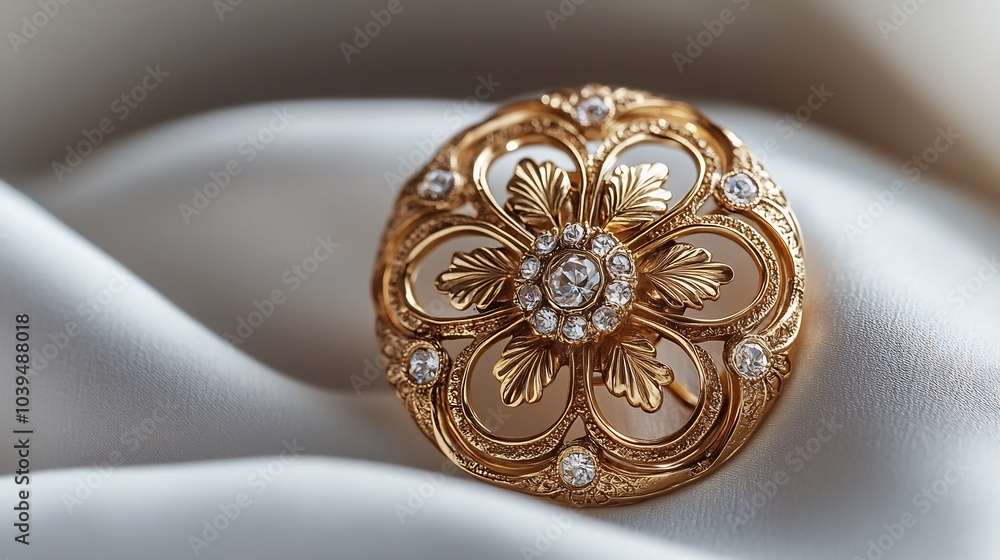 Poster vintage gold brooch with intricate floral patterns isolated on a soft minimalistic background highli