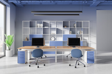 Colored coworking interior with tables and pc desktop, panoramic window