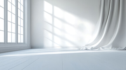 A white curtain drapes across the floor of a minimalist room, catching the light streaming in from a large window. The soft, natural light creates a sense of calm and serenity.