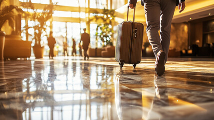 Tourist Pulling Suitcase in Hotel Lobby