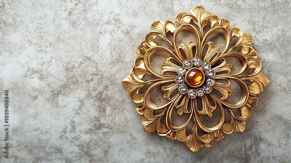 Poster vintage gold brooch with intricate floral patterns isolated on a soft minimalistic background highli