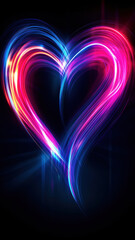 Glowing neon heart with colorful light rays