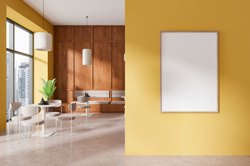 Yellow and wooden restaurant interior with panoramic window, mockup frame
