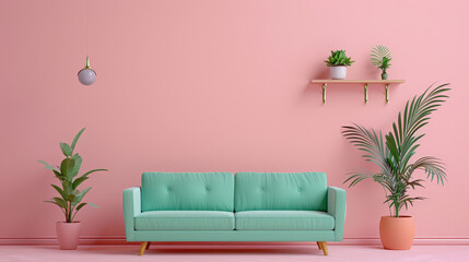 Fototapeta premium soft coral sofa with teal cushions adds energy to stylish interior. pink wall complements greenery, creating vibrant and inviting atmosphere