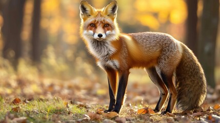Fototapeta premium Fox in green forest. Cute Red Fox, Vulpes vulpes, at forest with flowers, moss stone. Wildlife scene from nature. Animal in nature habitat. Fox hidden in green vegetation. Animal, green environmen