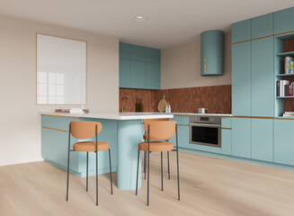 Colored home kitchen interior with cooking cabinet and bar counter. Mockup poster