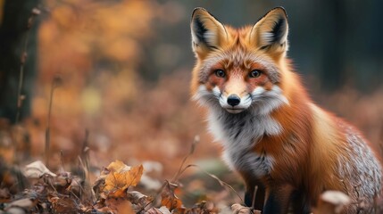 Fox in green forest. Cute Red Fox, Vulpes vulpes, at forest with flowers, moss stone. Wildlife scene from nature. Animal in nature habitat. Fox hidden in green vegetation. Animal, green environmen