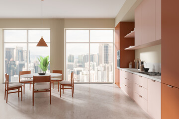 Modern kitchen interior with city view and dining area. 3D Rendering