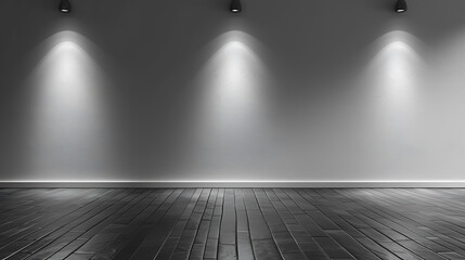 Obraz premium Three spotlights illuminate an empty room with a grey wall and black wood floor, creating a dramatic and minimalist setting.