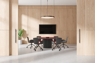 Wooden meeting room interior with round table and chairs, tv screen
