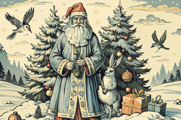 Winter Wonderland with Santa Claus, Forest Animals, and Gifts