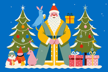Festive Santa Claus with Christmas Trees and Gifts Illustration