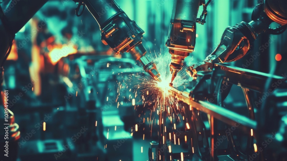 Poster robotic welding with intense sparks in factory setting
