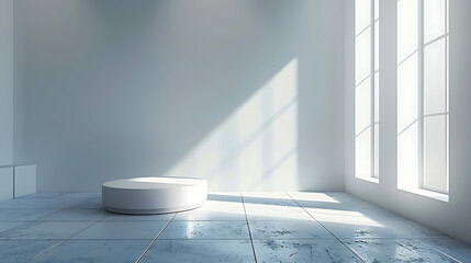 A minimalist white room with a round platform in the center.  Sunlight streams through large windows on the right side of the room, casting shadows across the floor.