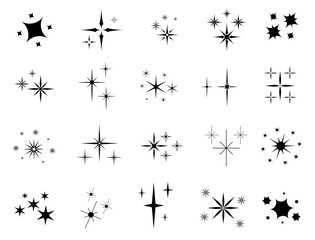 Sparks silhouettes. Twinkle star particles. Different black shapes. Shining burst elements. Glitter party objects. Magic sparkles. Glowing effect icons. Starry flat symbols vector set