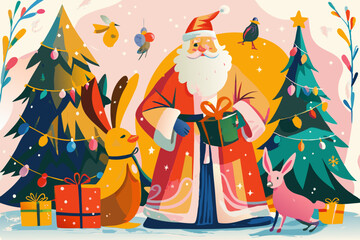 Naklejka premium Festive Santa Claus Gifting Presents Among Decorated Christmas Trees