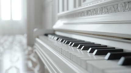 A close-up of a white piano keyboard, the black keys are sharp and in focus, while the white keys are slightly blurred.