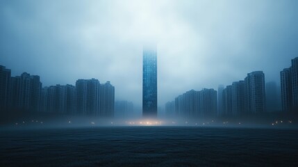 Mysterious skyscraper in the fog