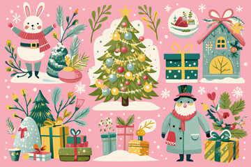 Obraz premium Festive Holiday Season Collection with Christmas Tree, Gifts, and Cartoon Characters