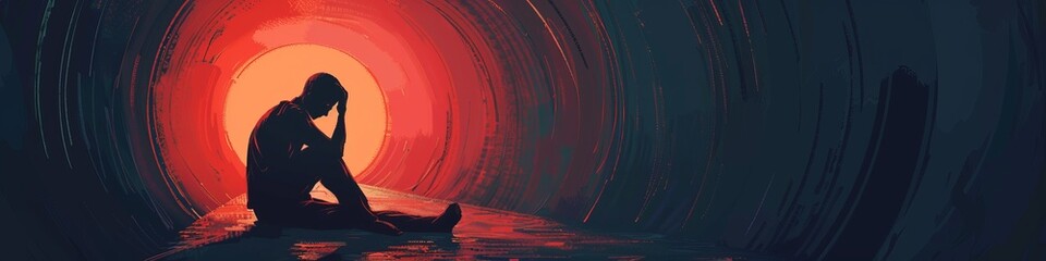 man sits opposite tunnel to eternity illustration.