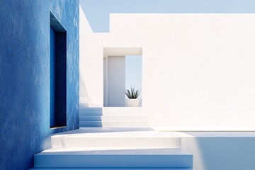 Fototapeta premium A serene architectural space featuring white walls and blue accents, leading to a bright, open area with a touch of greenery.