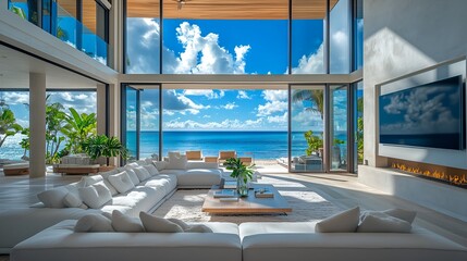 Luxury beach house living room, ocean view home residential property, stylish art deco furniture, sleek minimalist interior, large window, coastline scenic landscape. Modern architecture holiday house